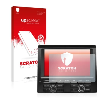 Face avant d’un emballage produit avec le logo de la marque upscreen. À côté, l’appareil Porsche PCM Macan 2015 est représenté