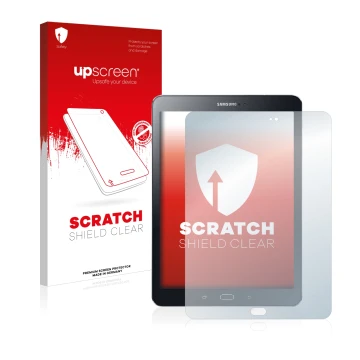 Face avant d’un emballage produit avec le logo de la marque upscreen. À côté, l’appareil Samsung Galaxy Tab S2 9.7 est représe