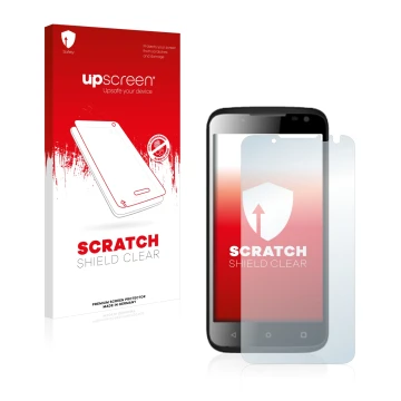 Face avant d’un emballage produit avec le logo de la marque upscreen. À côté, l’appareil Yezz Andy 4.5EL est représenté avec l