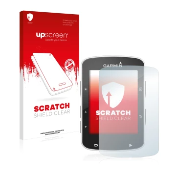 Face avant d’un emballage produit avec le logo de la marque upscreen. À côté, l’appareil Garmin Edge 520 est représenté avec l