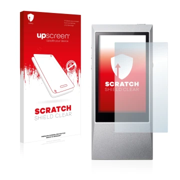 Face avant d’un emballage produit avec le logo de la marque upscreen. À côté, l’appareil Astell&Kern AK Jr est représenté avec
