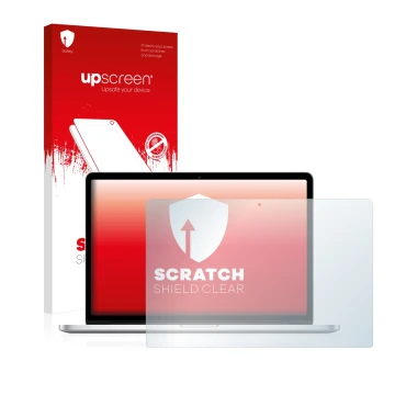 Face avant d’un emballage produit avec le logo de la marque upscreen. À côté, l’appareil Apple MacBook Pro Retina 15