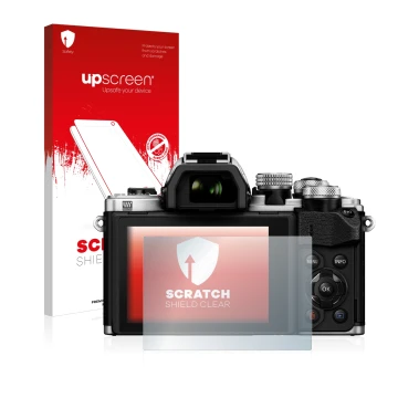 Face avant d’un emballage produit avec le logo de la marque upscreen. À côté, l’appareil Olympus OM-D E-M10 Mark II est représ