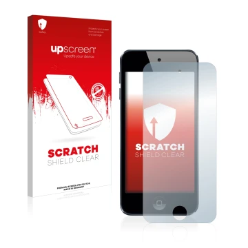 Face avant d’un emballage produit avec le logo de la marque upscreen. À côté, l’appareil Apple iPod Touch (6ème Gen.) est repr