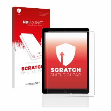 Face avant d’un emballage produit avec le logo de la marque upscreen. À côté, l’appareil Apple iPad Pro 12.9