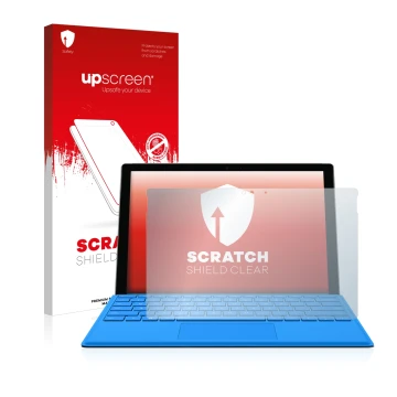 Face avant d’un emballage produit avec le logo de la marque upscreen. À côté, l’appareil Microsoft Surface Pro 4 est représent