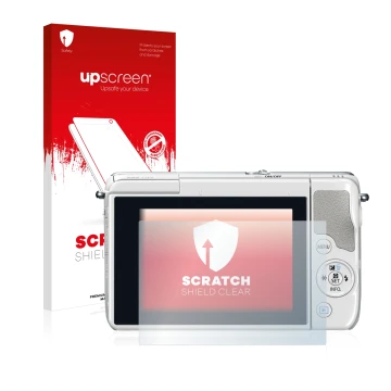 Face avant d’un emballage produit avec le logo de la marque upscreen. À côté, l’appareil Canon EOS M10 est représenté avec la 