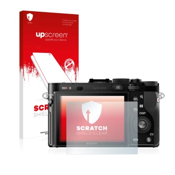 Face avant d’un emballage produit avec le logo de la marque upscreen. À côté, l’appareil Sony Cyber-Shot DSC-RX1R II est repré