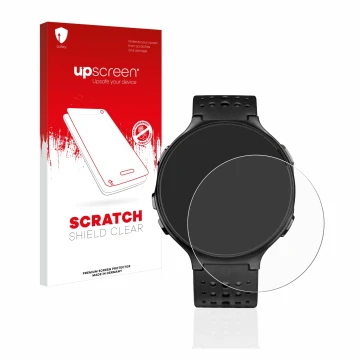 Face avant d’un emballage produit avec le logo de la marque upscreen. À côté, l’appareil Garmin Forerunner 235 est représenté 