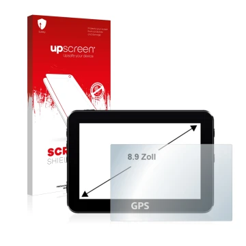 Face avant d’un emballage produit avec le logo de la marque upscreen. À côté, l’appareil est représenté avec la protection d’é