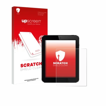 Face avant d’un emballage produit avec le logo de la marque upscreen. À côté, l’appareil est représenté avec la protection d’é