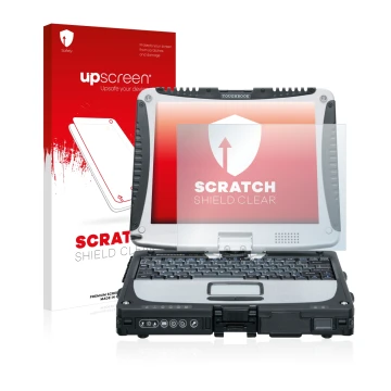 Face avant d’un emballage produit avec le logo de la marque upscreen. À côté, l’appareil Panasonic Toughbook CF-19 est représe