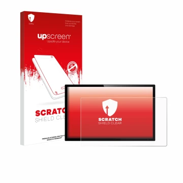 Face avant d’un emballage produit avec le logo de la marque upscreen. À côté, l’appareil est représenté avec la protection d’é