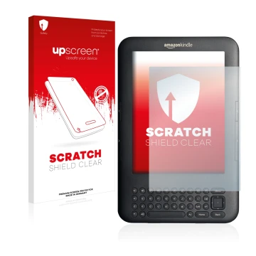Face avant d’un emballage produit avec le logo de la marque upscreen. À côté, l’appareil Amazon Kindle 3 est représenté avec l