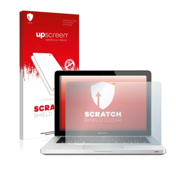 Face avant d’un emballage produit avec le logo de la marque upscreen. À côté, l’appareil Apple MacBook Pro 13