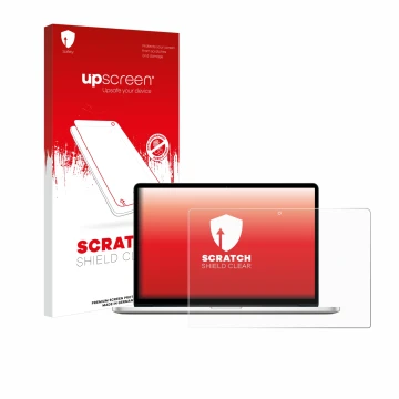 Face avant d’un emballage produit avec le logo de la marque upscreen. À côté, l’appareil Apple MacBook Pro Retina 15