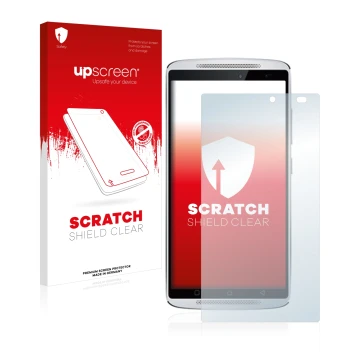 Face avant d’un emballage produit avec le logo de la marque upscreen. À côté, l’appareil Lenovo Vibe X3 (caméra à droite uniqu