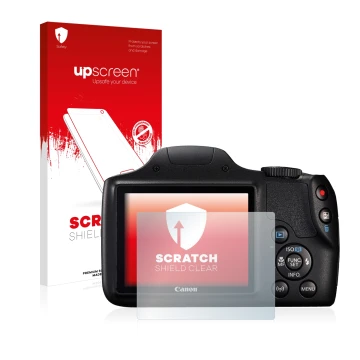 Face avant d’un emballage produit avec le logo de la marque upscreen. À côté, l’appareil Canon PowerShot SX540 HS est représen
