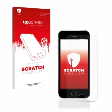 Face avant d’un emballage produit avec le logo de la marque upscreen. À côté, l’appareil Apple iPhone SE 2016 est représenté a