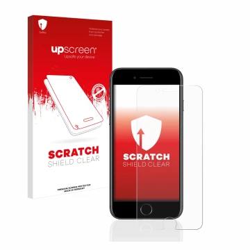 Face avant d’un emballage produit avec le logo de la marque upscreen. À côté, l’appareil Apple iPhone 7 est représenté avec la