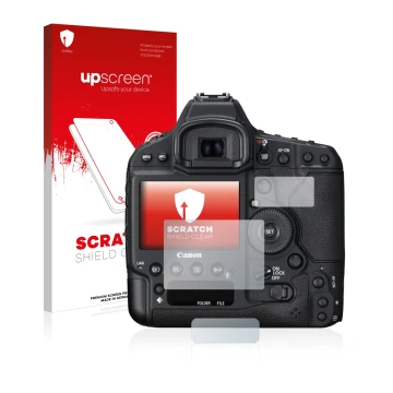 Face avant d’un emballage produit avec le logo de la marque upscreen. À côté, l’appareil Canon EOS 1D X Mark II est représenté