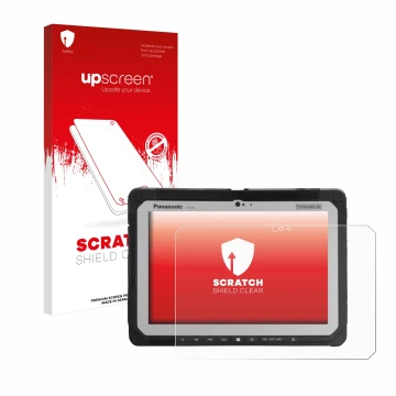 Face avant d’un emballage produit avec le logo de la marque upscreen. À côté, l’appareil Panasonic Toughbook CF-20 MK1 est rep
