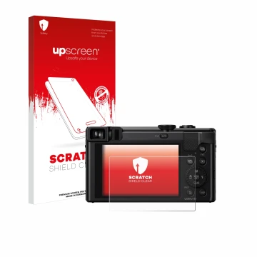 Face avant d’un emballage produit avec le logo de la marque upscreen. À côté, l’appareil Panasonic Lumix DMC-TZ80 est représen