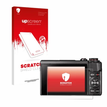 Face avant d’un emballage produit avec le logo de la marque upscreen. À côté, l’appareil Canon PowerShot G7 X Mark II est repr