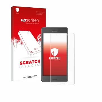 Face avant d’un emballage produit avec le logo de la marque upscreen. À côté, l’appareil Sony Xperia X Performance est représe