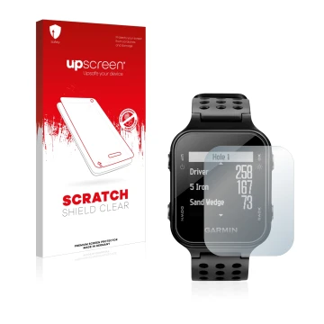 Face avant d’un emballage produit avec le logo de la marque upscreen. À côté, l’appareil Garmin Approach S20 est représenté av