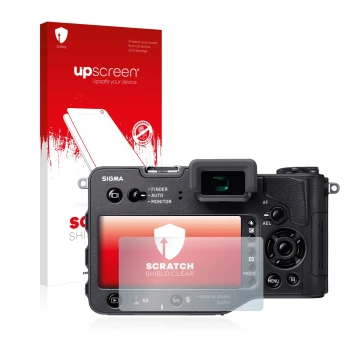 Face avant d’un emballage produit avec le logo de la marque upscreen. À côté, l’appareil Sigma SD Quattro est représenté avec 