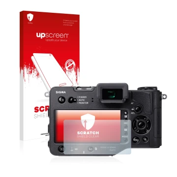 Face avant d’un emballage produit avec le logo de la marque upscreen. À côté, l’appareil Sigma SD Quattro H est représenté ave