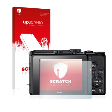 Face avant d’un emballage produit avec le logo de la marque upscreen. À côté, l’appareil Nikon Coolpix A900 est représenté ave