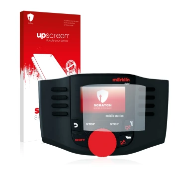 Face avant d’un emballage produit avec le logo de la marque upscreen. À côté, l’appareil Märklin Mobile Station 60657 2016 est