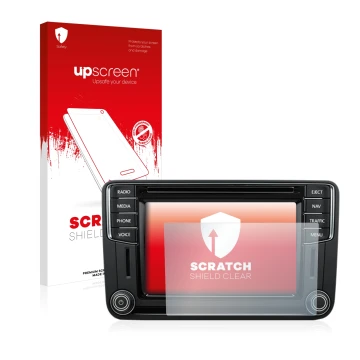 Face avant d’un emballage produit avec le logo de la marque upscreen. À côté, l’appareil Volkswagen T6 2016 Discover Media Plu