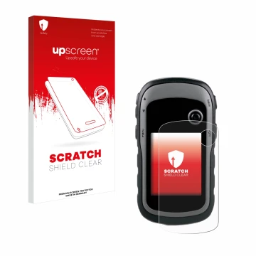 Face avant d’un emballage produit avec le logo de la marque upscreen. À côté, l’appareil Garmin eTrex 30x est représenté avec 