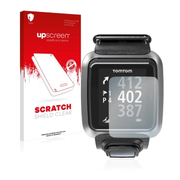 Face avant d’un emballage produit avec le logo de la marque upscreen. À côté, l’appareil TomTom Golfer 2 est représenté avec l