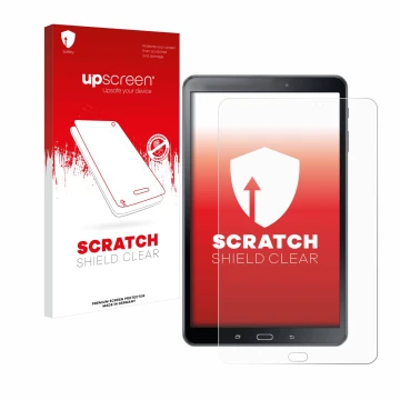 Face avant d’un emballage produit avec le logo de la marque upscreen. À côté, l’appareil Samsung Galaxy Tab A 10.1 2016 SM-T58