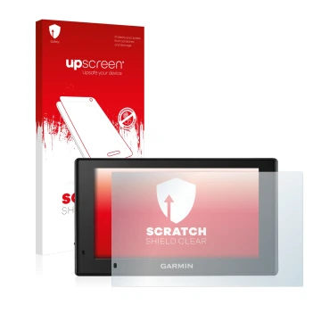 Face avant d’un emballage produit avec le logo de la marque upscreen. À côté, l’appareil Garmin DriveSmart 50 LMT-D est représ