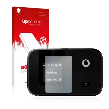 Face avant d’un emballage produit avec le logo de la marque upscreen. À côté, l’appareil Vodafone R215 WLAN Router est représe
