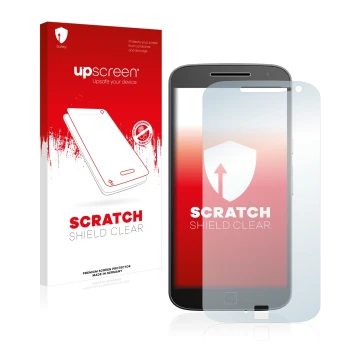 Face avant d’un emballage produit avec le logo de la marque upscreen. À côté, l’appareil Motorola Moto G4 Plus est représenté 