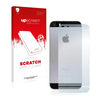 Face avant d’un emballage produit avec le logo de la marque upscreen. À côté, l’appareil Apple iPhone SE 2016 Le dos (tutt la 