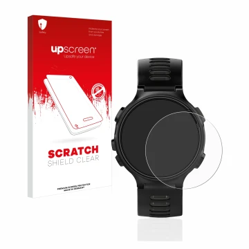 Face avant d’un emballage produit avec le logo de la marque upscreen. À côté, l’appareil Garmin Forerunner 735XT est représent