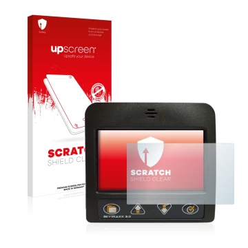 Face avant d’un emballage produit avec le logo de la marque upscreen. À côté, l’appareil Skytraxx 3.0 Vario est représenté ave