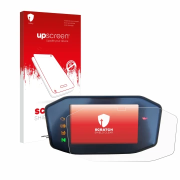 Face avant d’un emballage produit avec le logo de la marque upscreen. À côté, l’appareil KTM 690 Duke 2016 est représenté avec