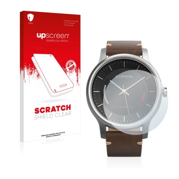 Face avant d’un emballage produit avec le logo de la marque upscreen. À côté, l’appareil Garmin vivomove est représenté avec l