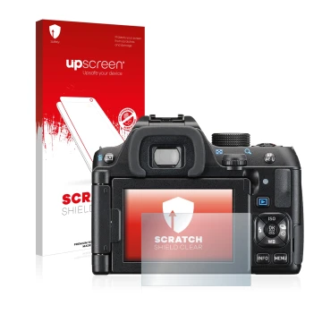 Face avant d’un emballage produit avec le logo de la marque upscreen. À côté, l’appareil Pentax K-70 est représenté avec la pr