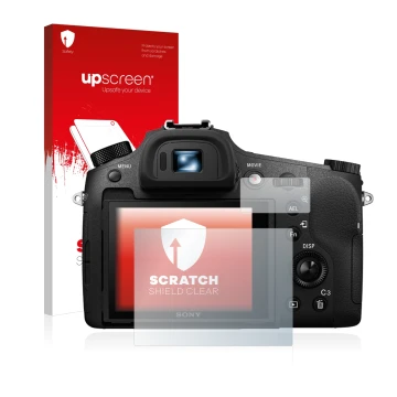 Face avant d’un emballage produit avec le logo de la marque upscreen. À côté, l’appareil Sony Cyber-Shot DSC-RX10 III est repr