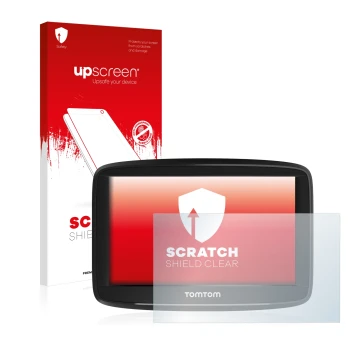 Face avant d’un emballage produit avec le logo de la marque upscreen. À côté, l’appareil TomTom Start 52 est représenté avec l