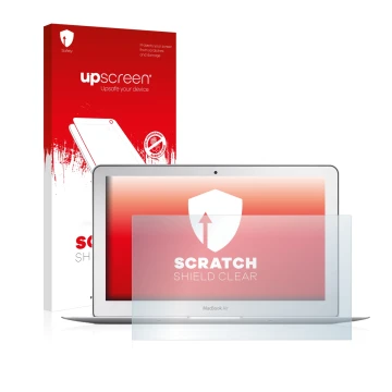 Face avant d’un emballage produit avec le logo de la marque upscreen. À côté, l’appareil Apple MacBook Air 11